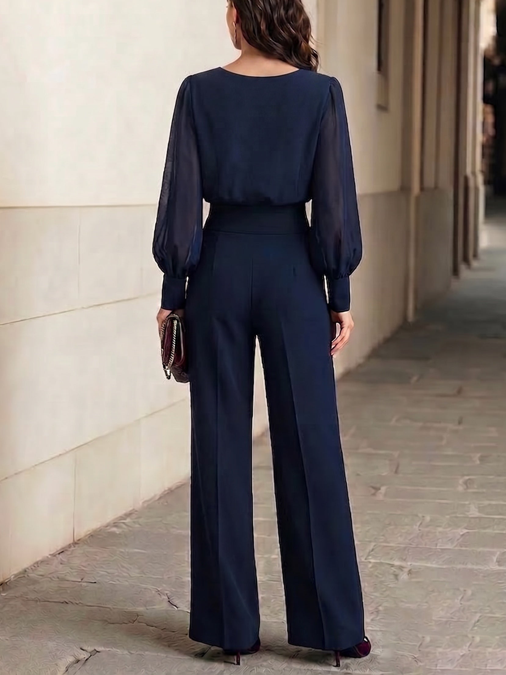 Ruffled Chiffon Top And Wide-leg Pants Set