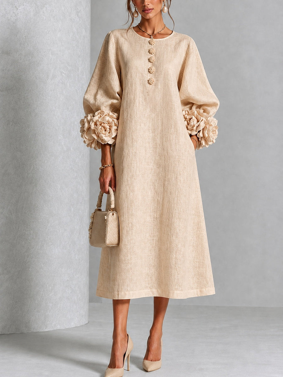 Beige Midi Dress with Flower Buttons and Extravagant Flower Sleeves