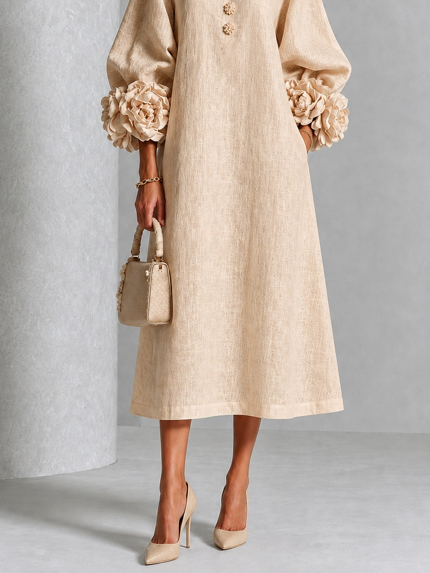 Beige Midi Dress with Flower Buttons and Extravagant Flower Sleeves
