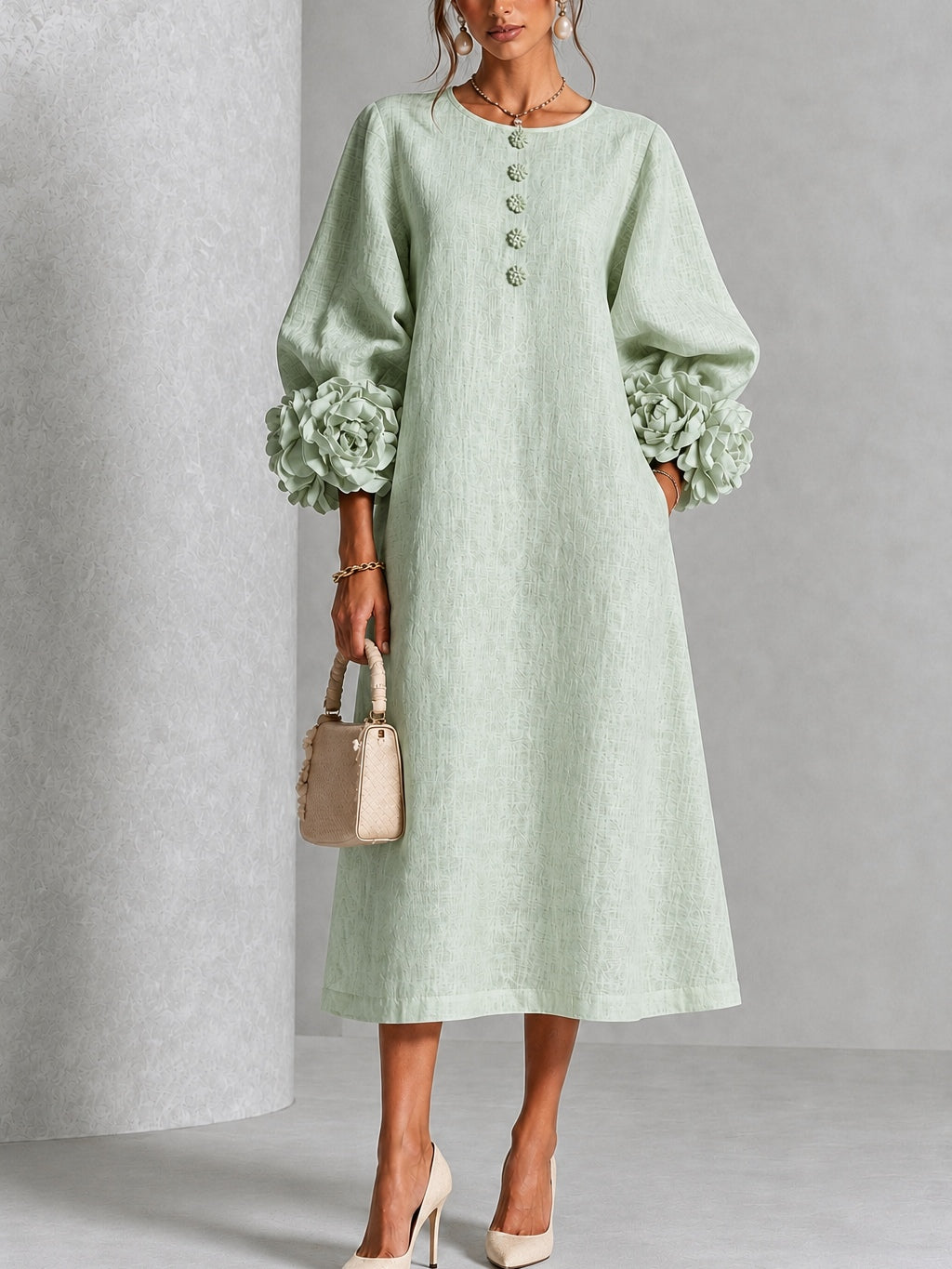 Mystic Sage Midi Dress with Flower Buttons and Extravagant Flower Sleeves