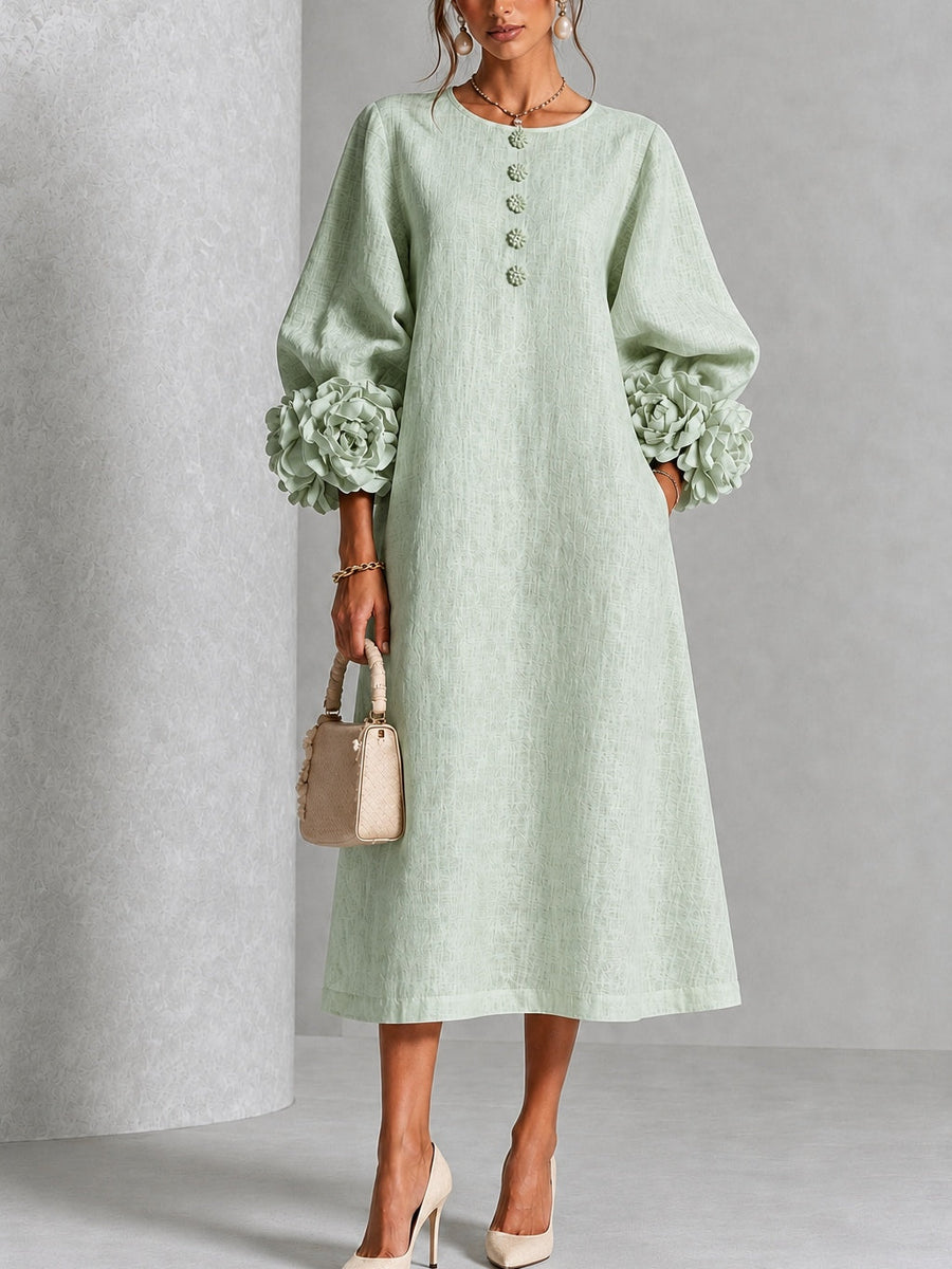 Mystic Sage Midi Dress with Flower Buttons and Extravagant Flower Sleeves