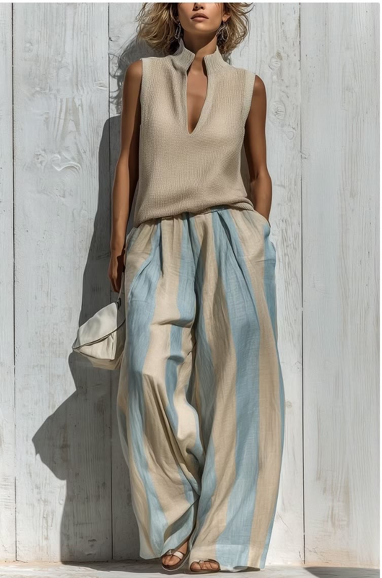 Sleeveless Loose Striped Pants Set