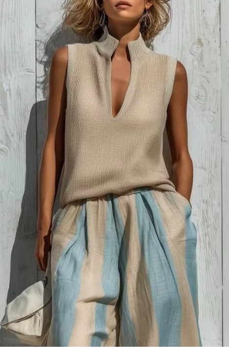 Sleeveless Loose Striped Pants Set