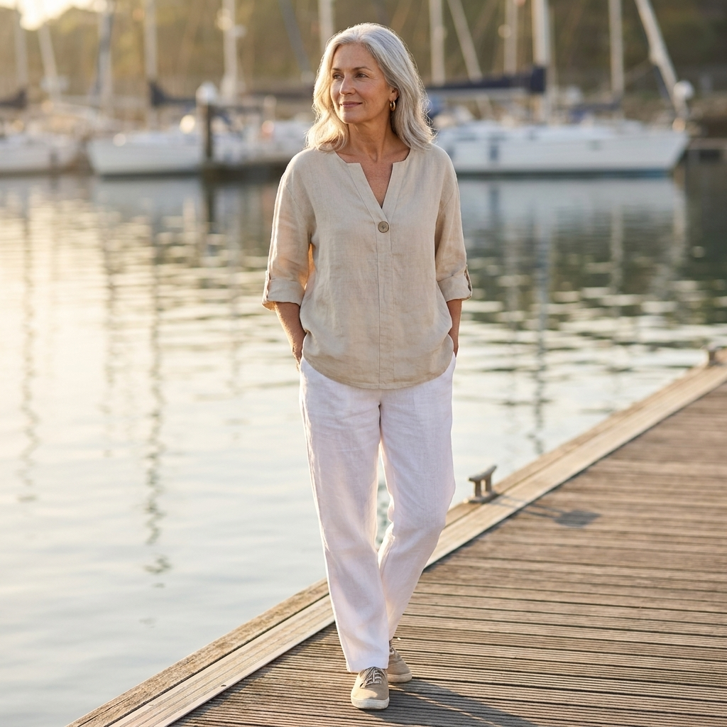 Linen Blouse with V-Neck and Roll Tab Sleeves
