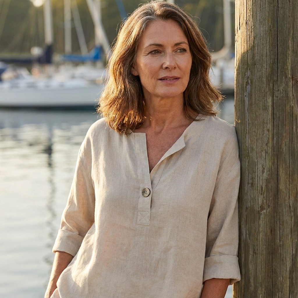 Linen Blouse with V-Neck and Roll Tab Sleeves