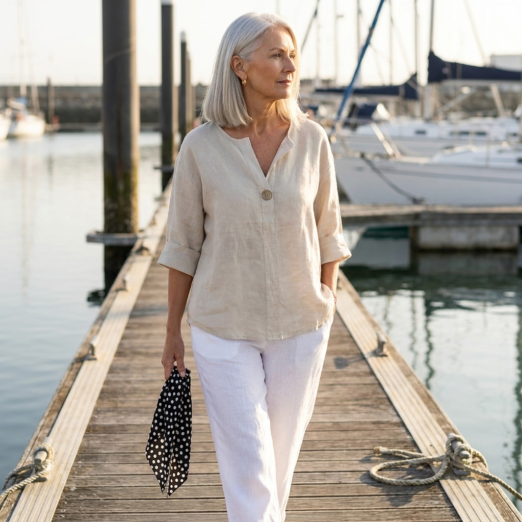 Linen Blouse with V-Neck and Roll Tab Sleeves