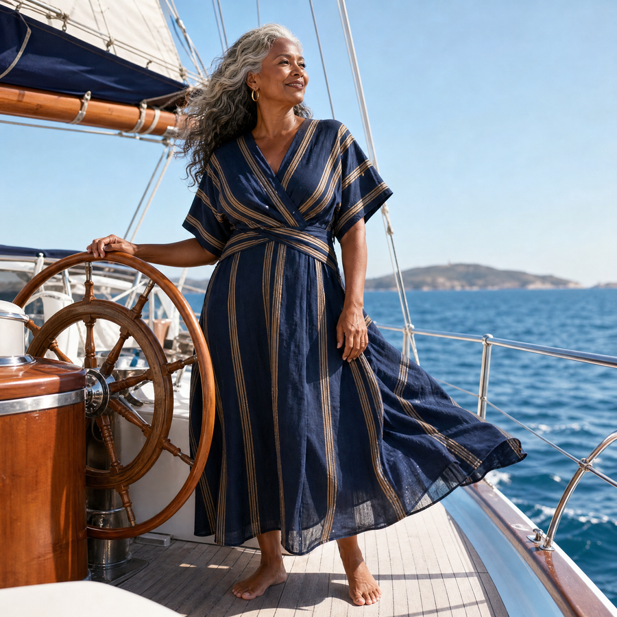 Saphira | V Neck Short Sleeve Striped Wrap Midi Dress