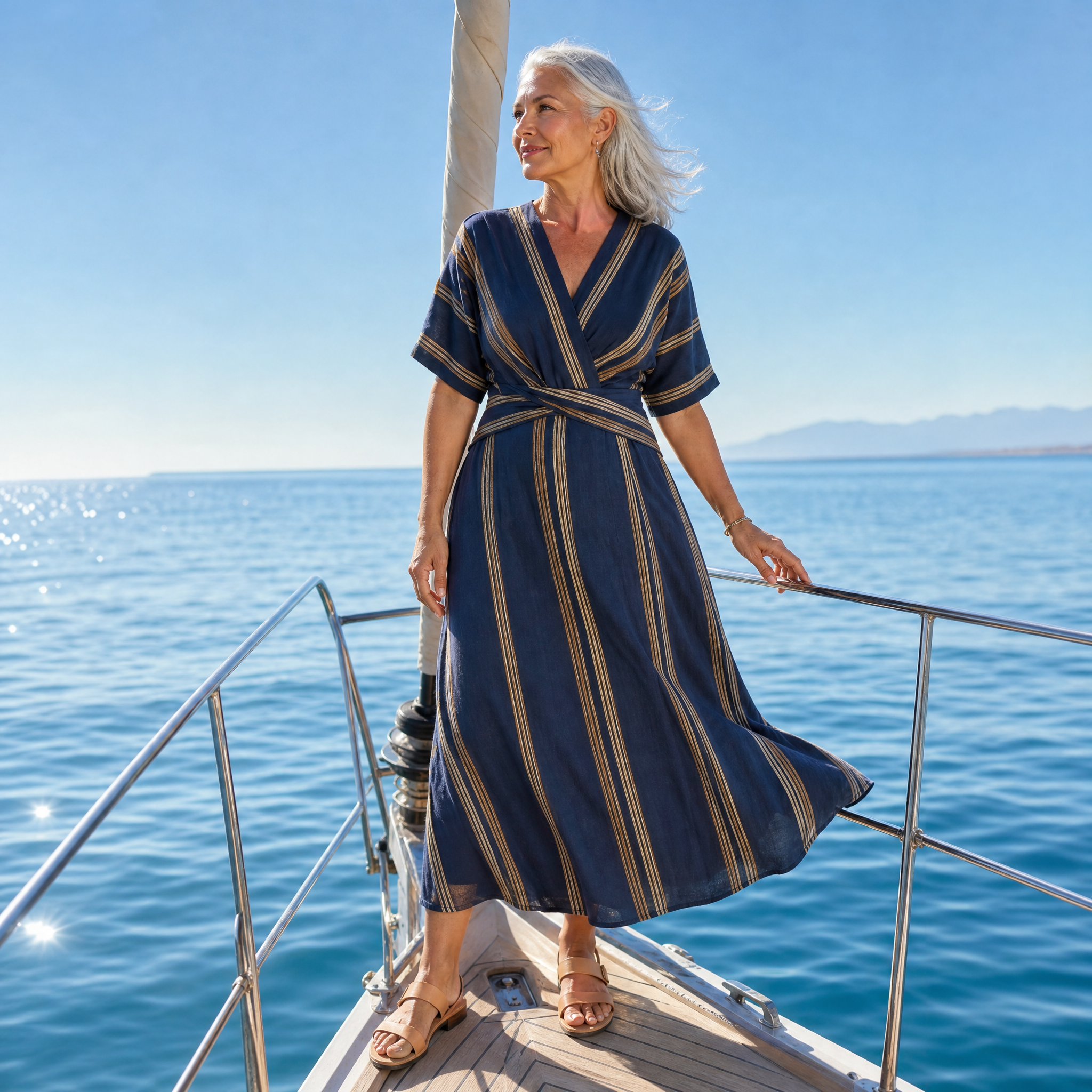 Saphira | V Neck Short Sleeve Striped Wrap Midi Dress