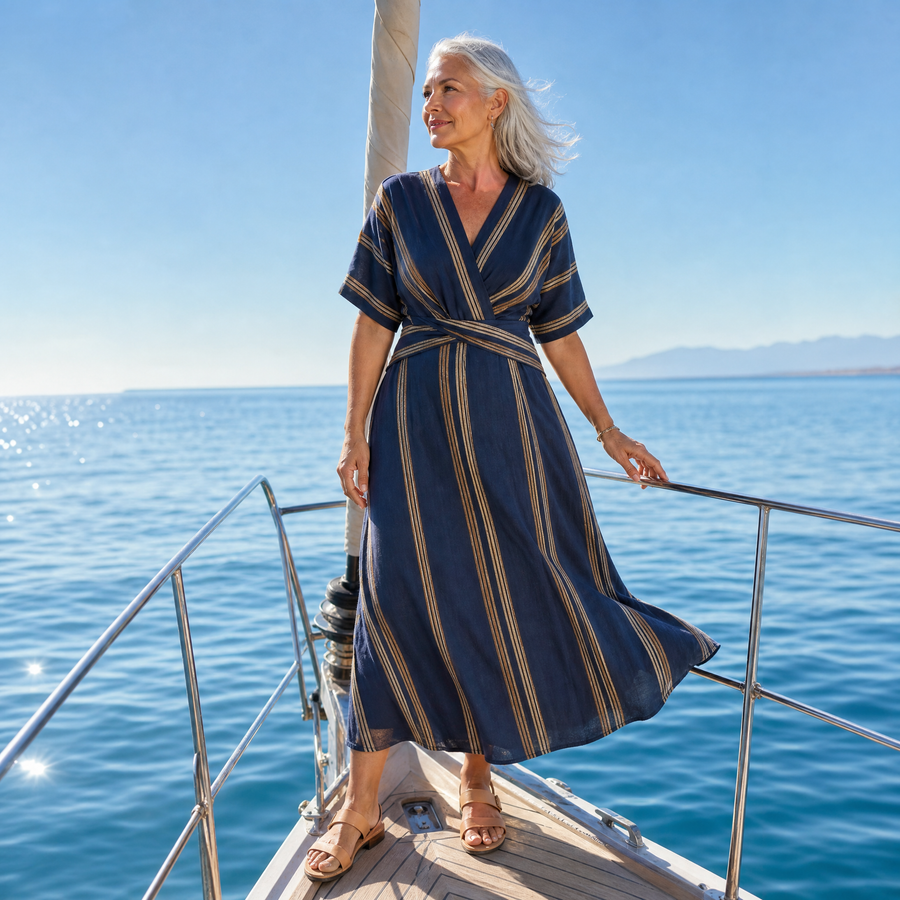 Saphira | V Neck Short Sleeve Striped Wrap Midi Dress