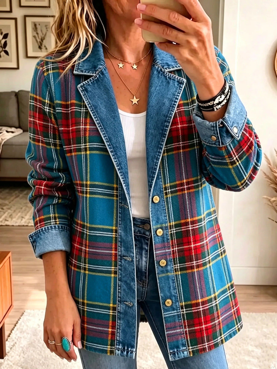 Grace | Women Tartan Plaid Denim Spliced Blazer
