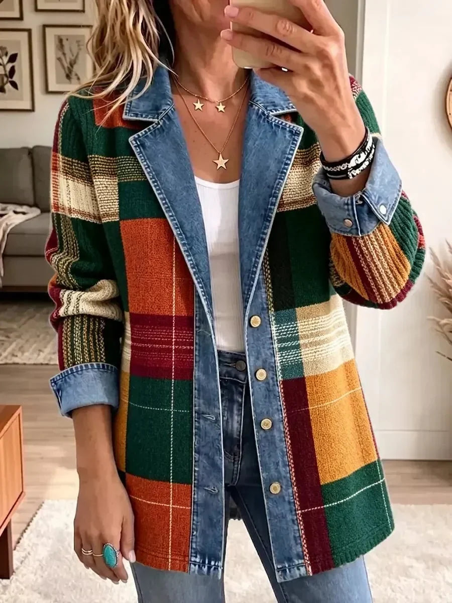 Ella | Retro Plaid Pattern Art Casual Denim Jacket