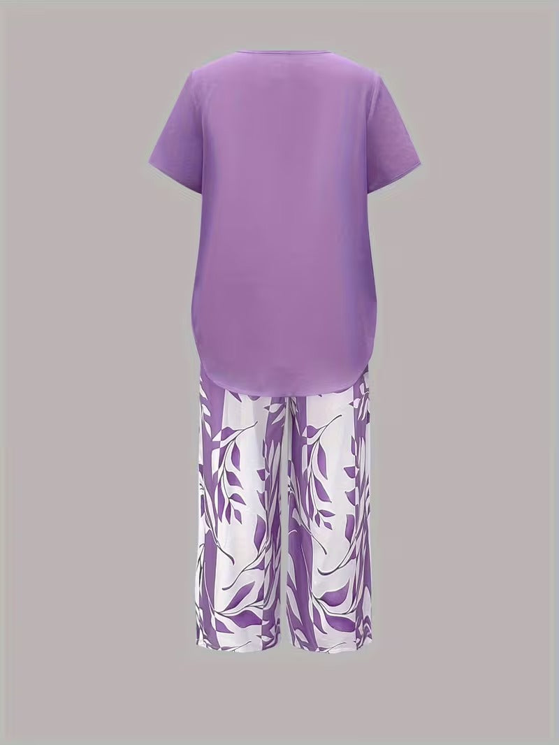 Leaf Print Two-Piece Pants Set