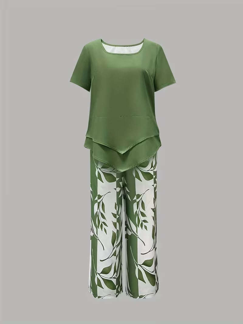 Leaf Print Two-Piece Pants Set