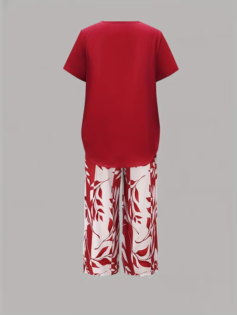 Leaf Print Two-Piece Pants Set