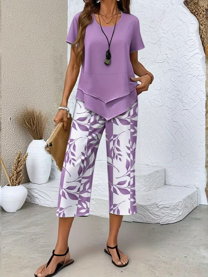 Leaf Print Two-Piece Pants Set