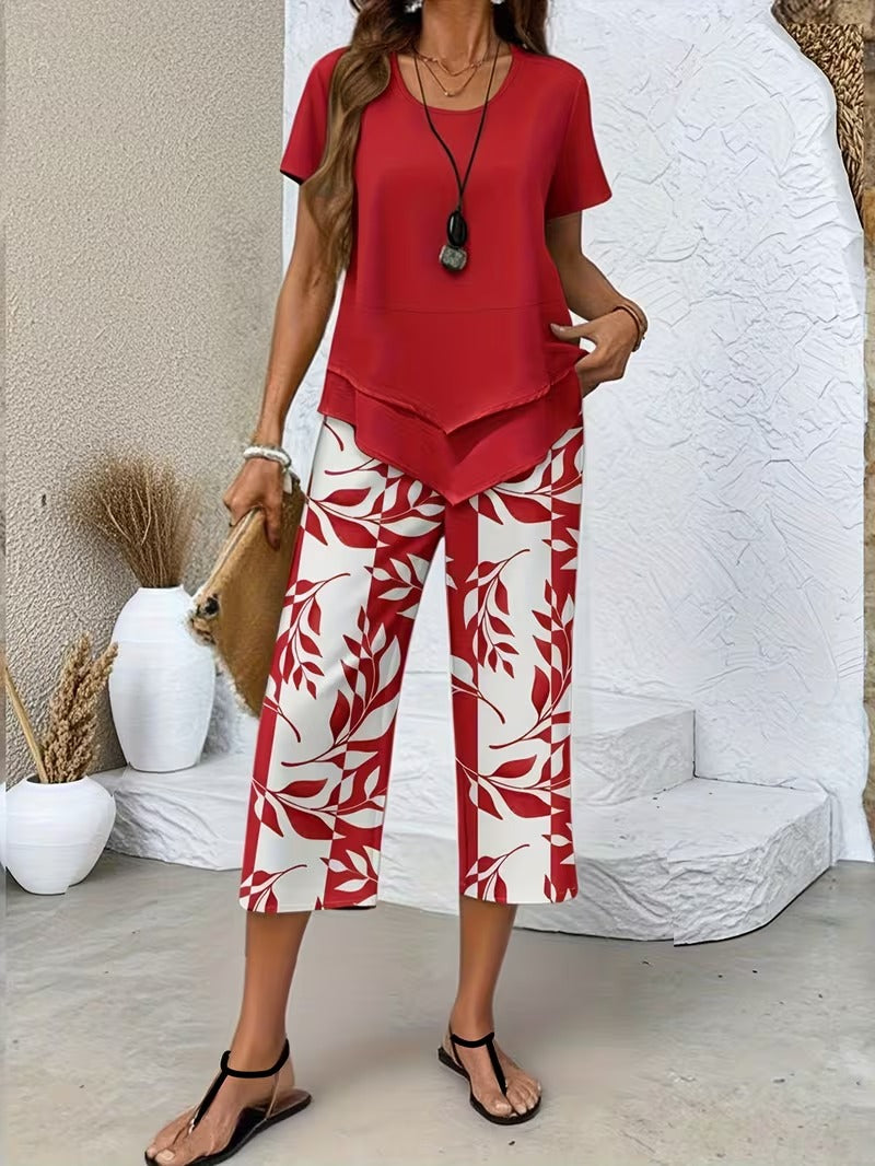 Leaf Print Two-Piece Pants Set