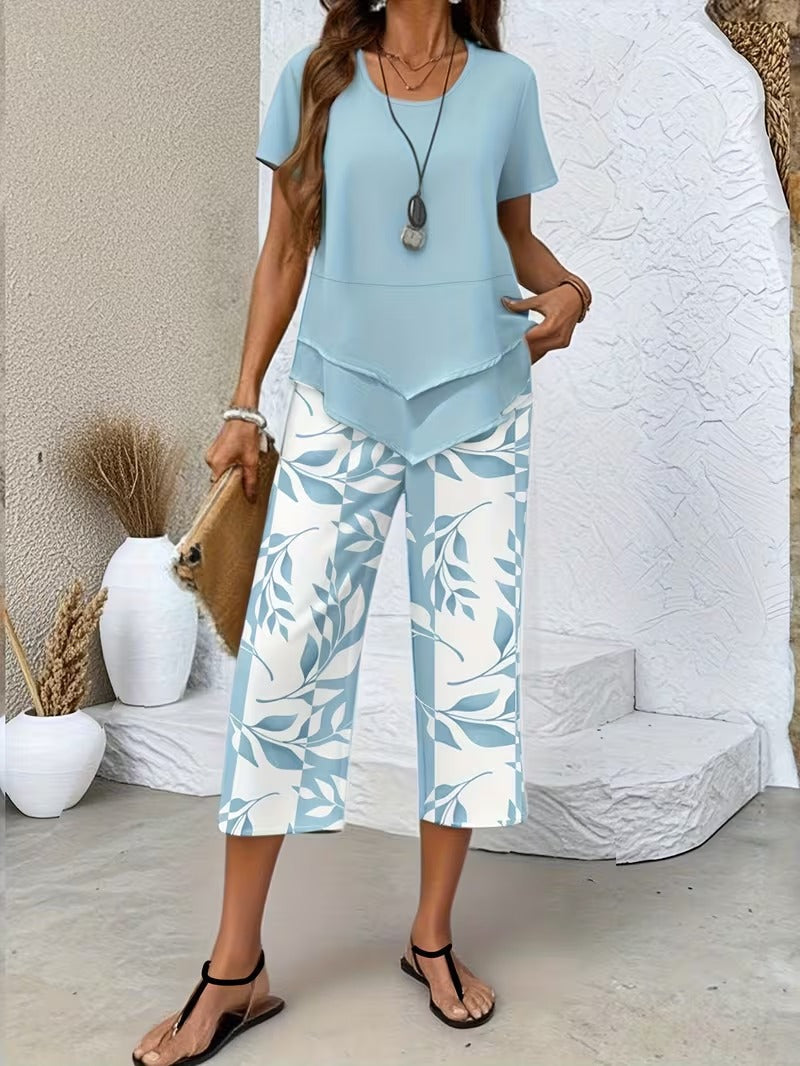 Leaf Print Two-Piece Pants Set