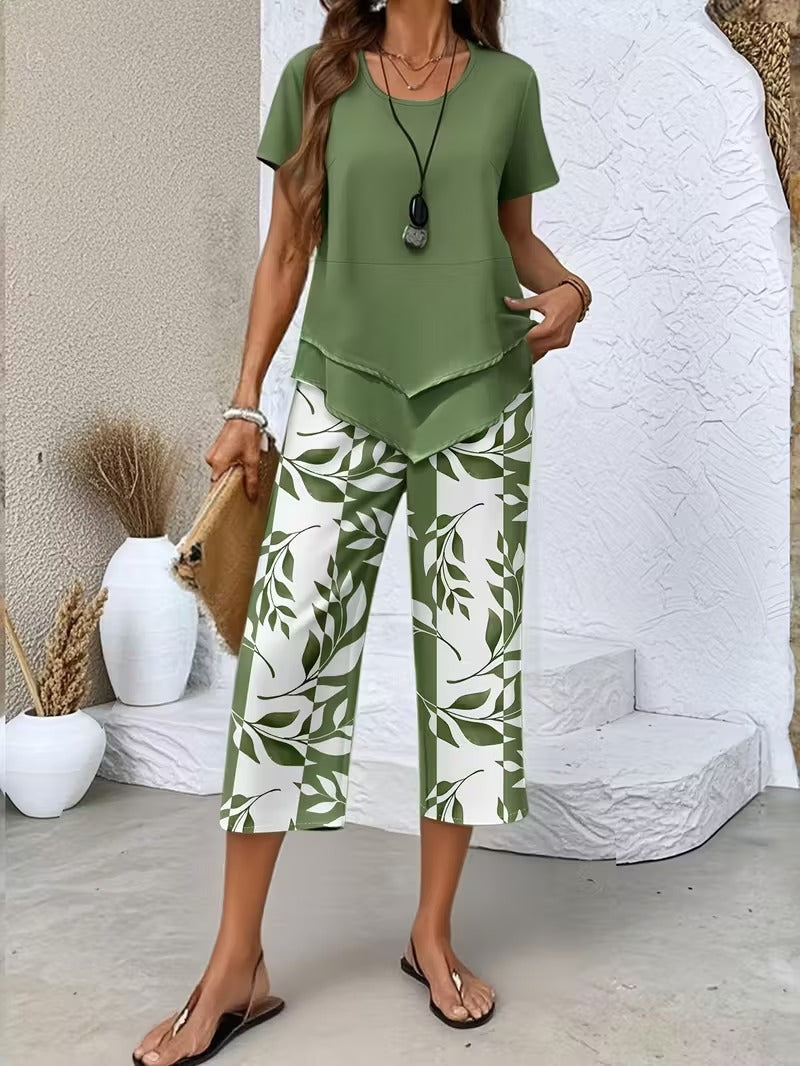 Leaf Print Two-Piece Pants Set