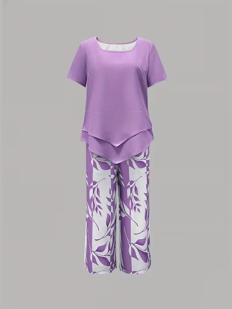 Leaf Print Two-Piece Pants Set