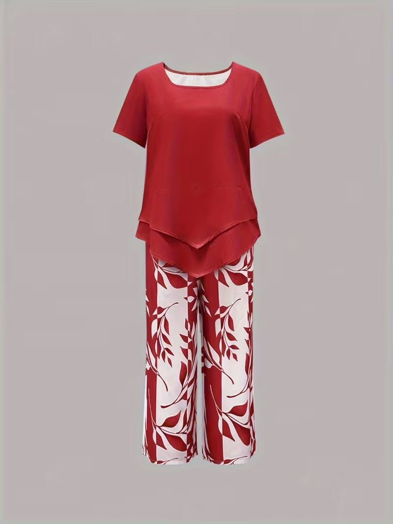 Leaf Print Two-Piece Pants Set