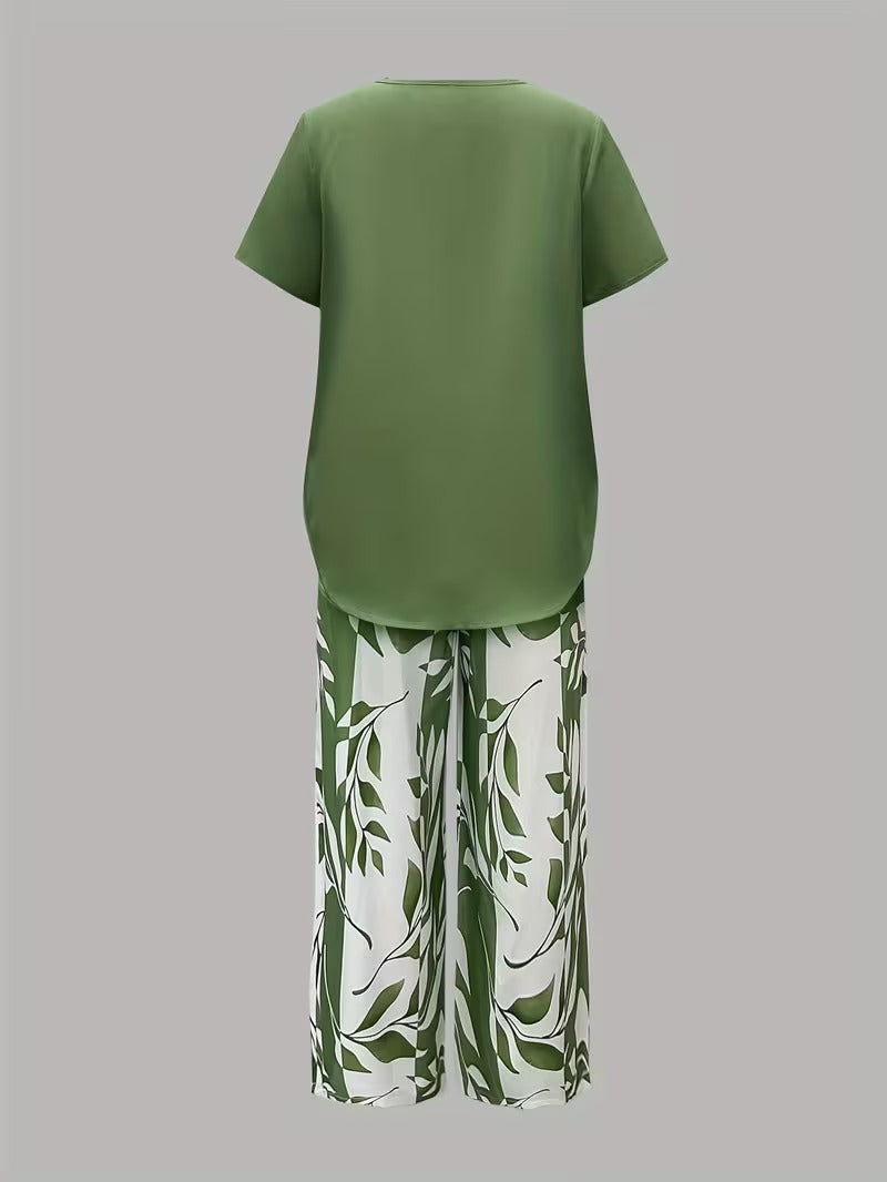 Leaf Print Two-Piece Pants Set