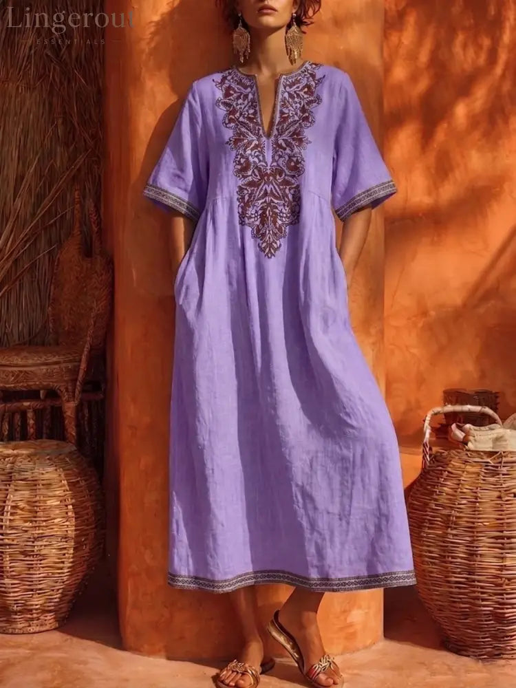 Linen Floral Embroidery V Neck Short Sleeve Midi Kaftan Dress