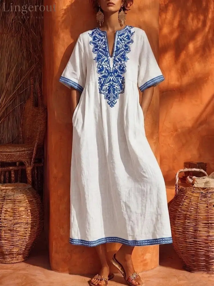 Linen Floral Embroidery V Neck Short Sleeve Midi Kaftan Dress