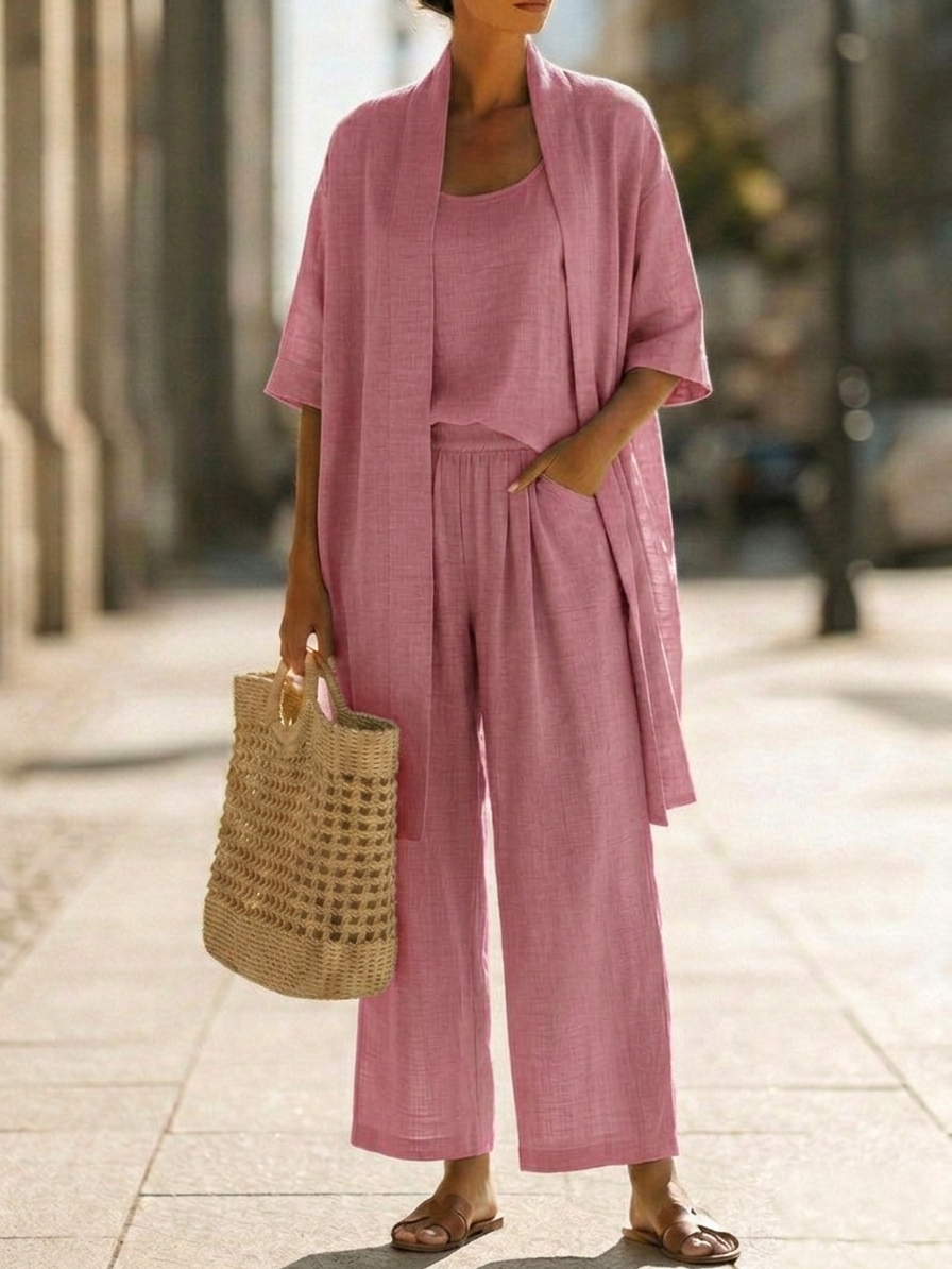 Minimalist Faux Linen Three-piece Pants Set