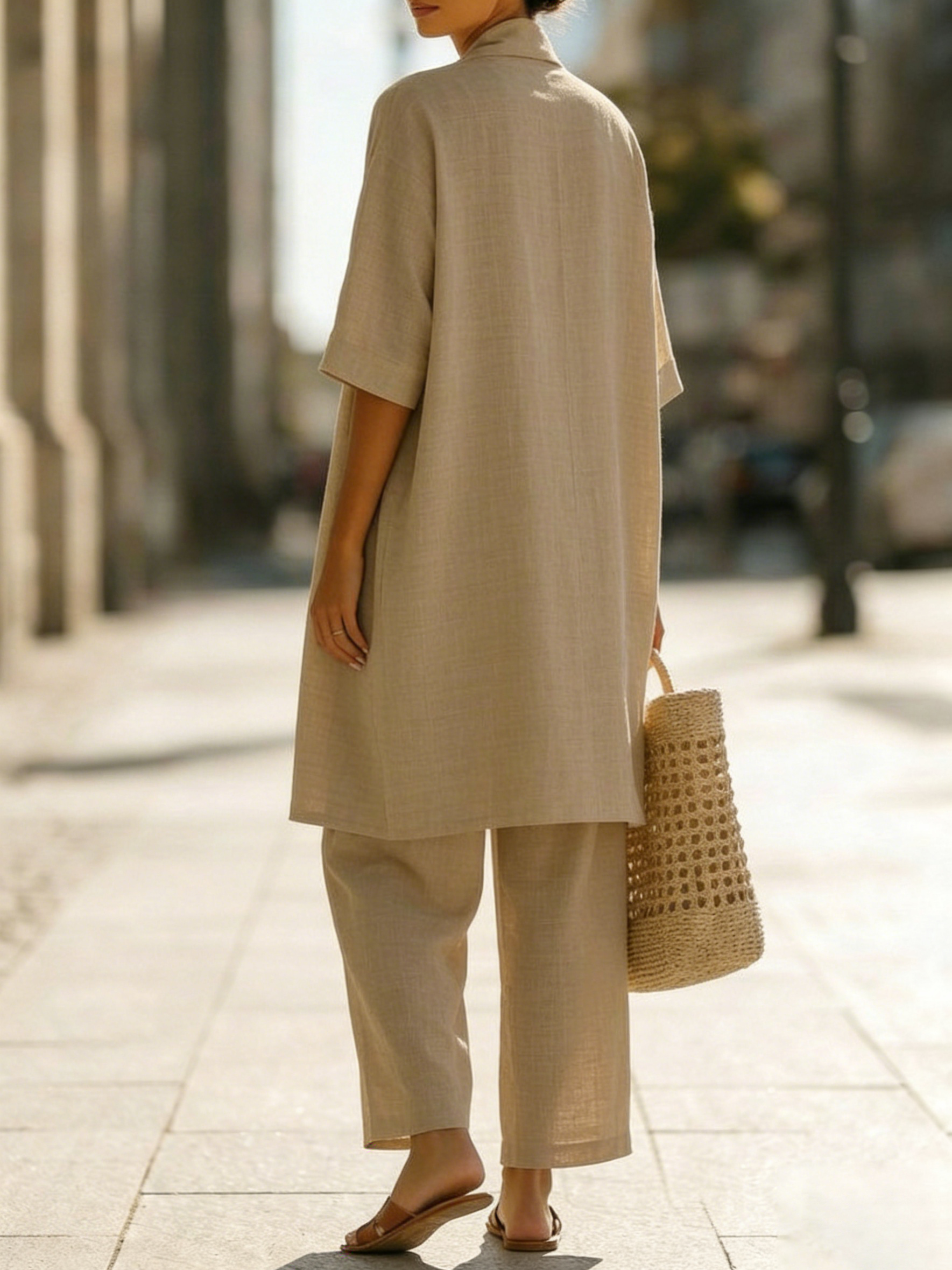 Minimalist Faux Linen Three-piece Pants Set