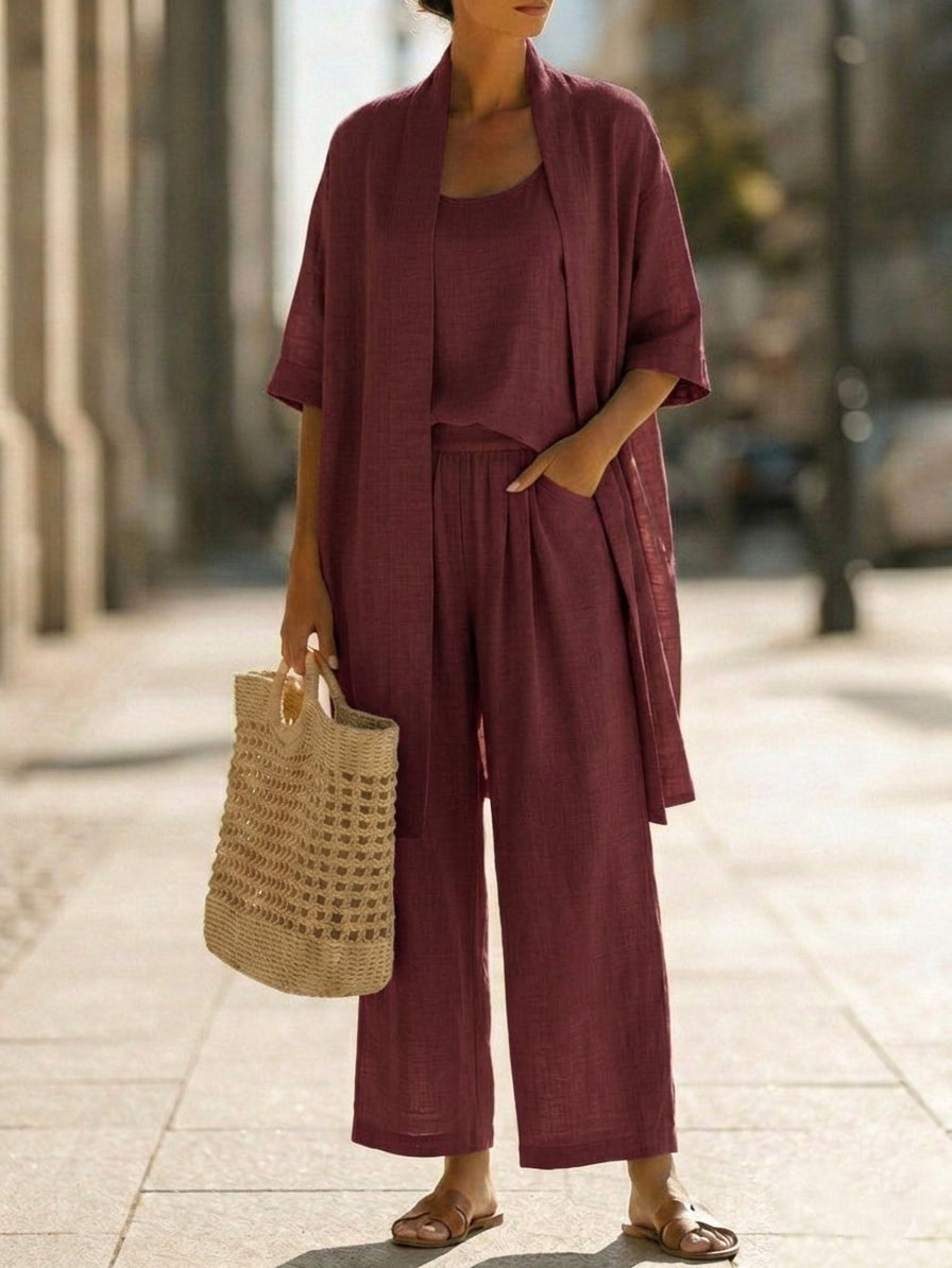 Minimalist Faux Linen Three-piece Pants Set