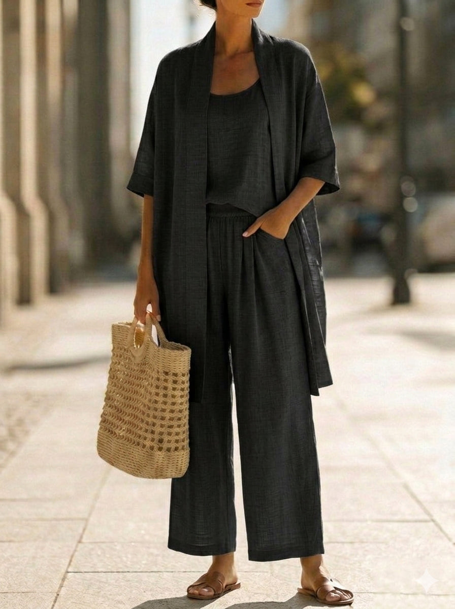 Minimalist Faux Linen Three-piece Pants Set