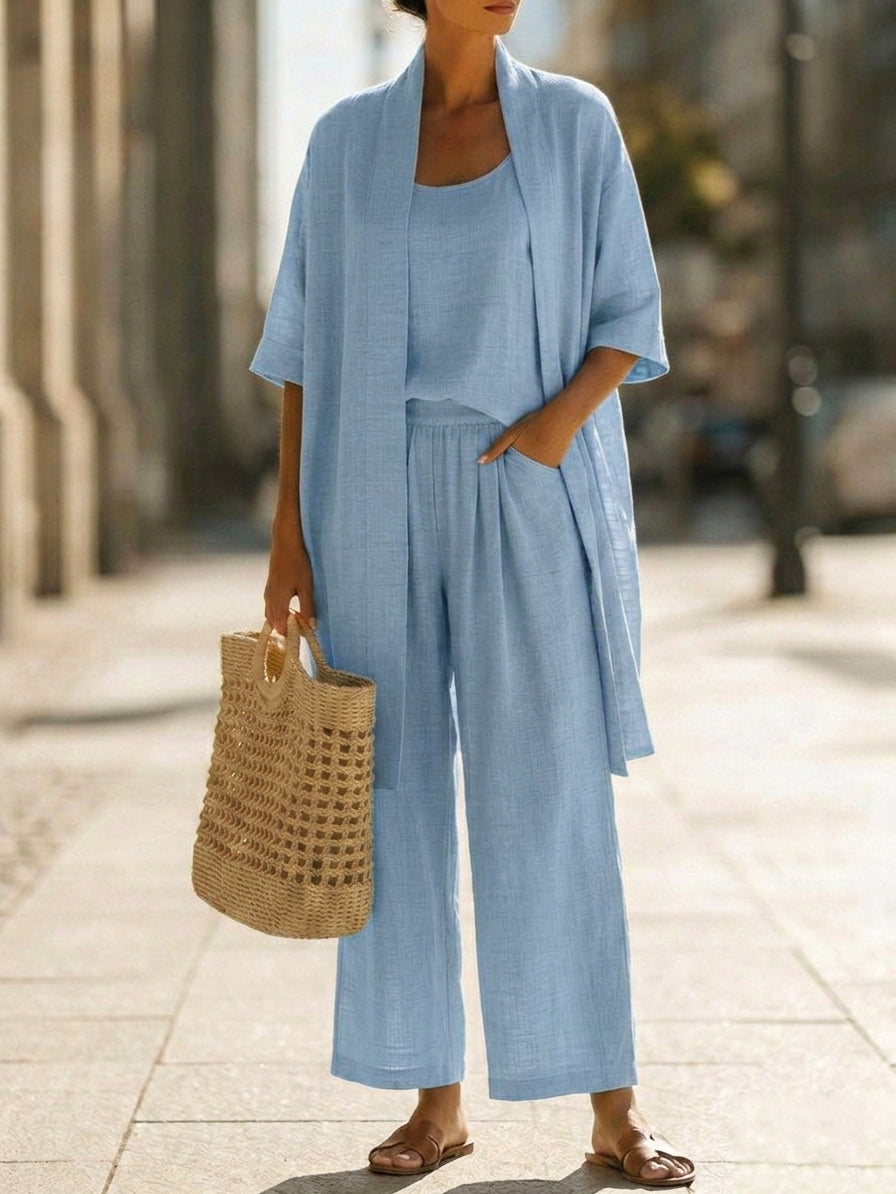 Minimalist Faux Linen Three-piece Pants Set