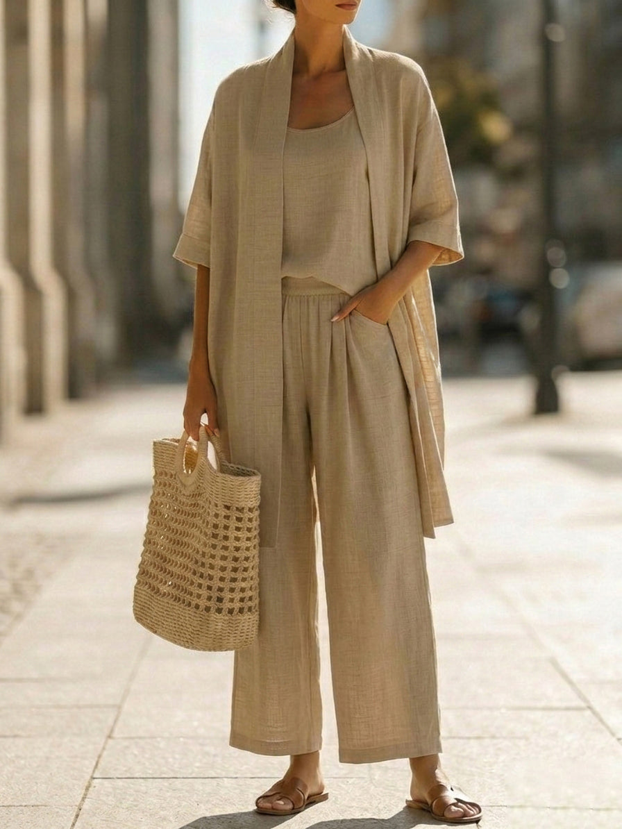 Minimalist Faux Linen Three-piece Pants Set
