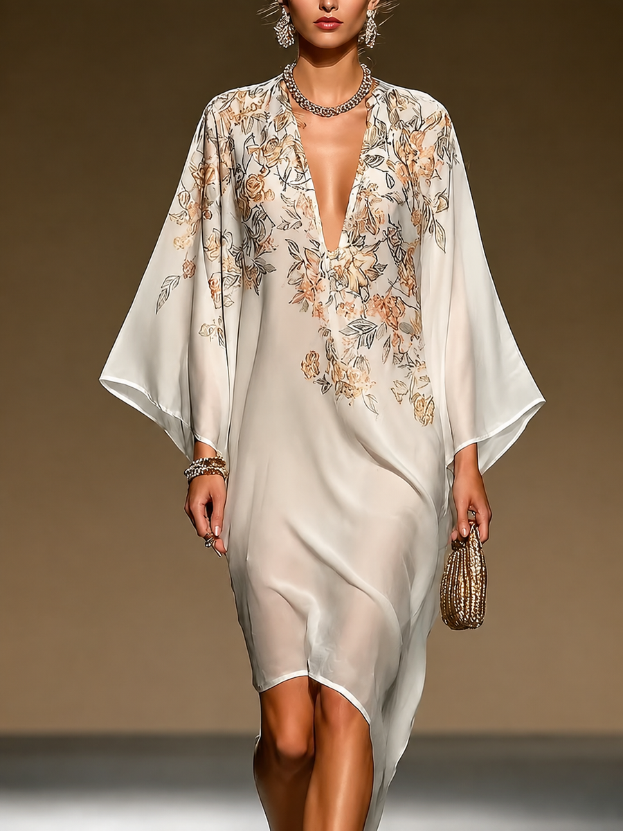 Beige Floral Kaftan Dress Asymmetrical