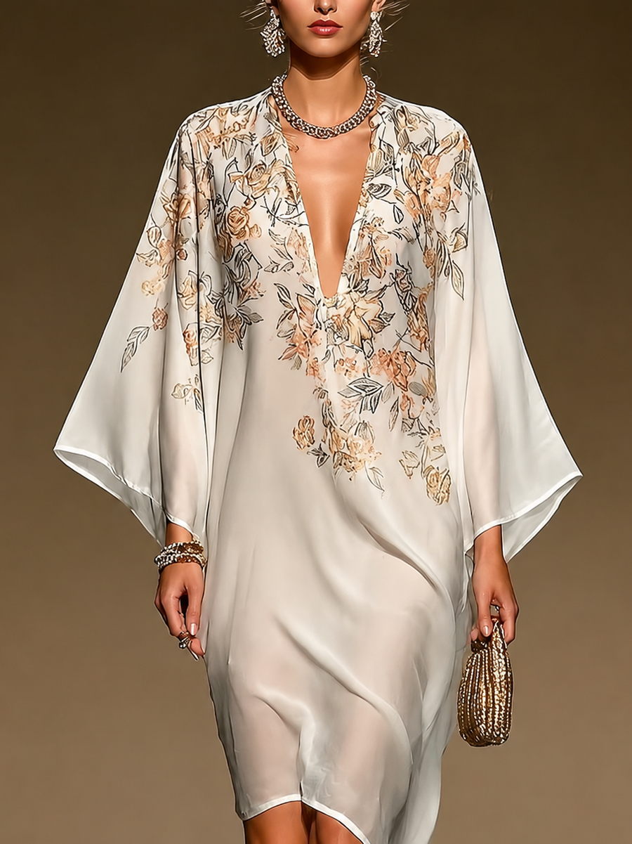 Beige Floral Kaftan Dress Asymmetrical