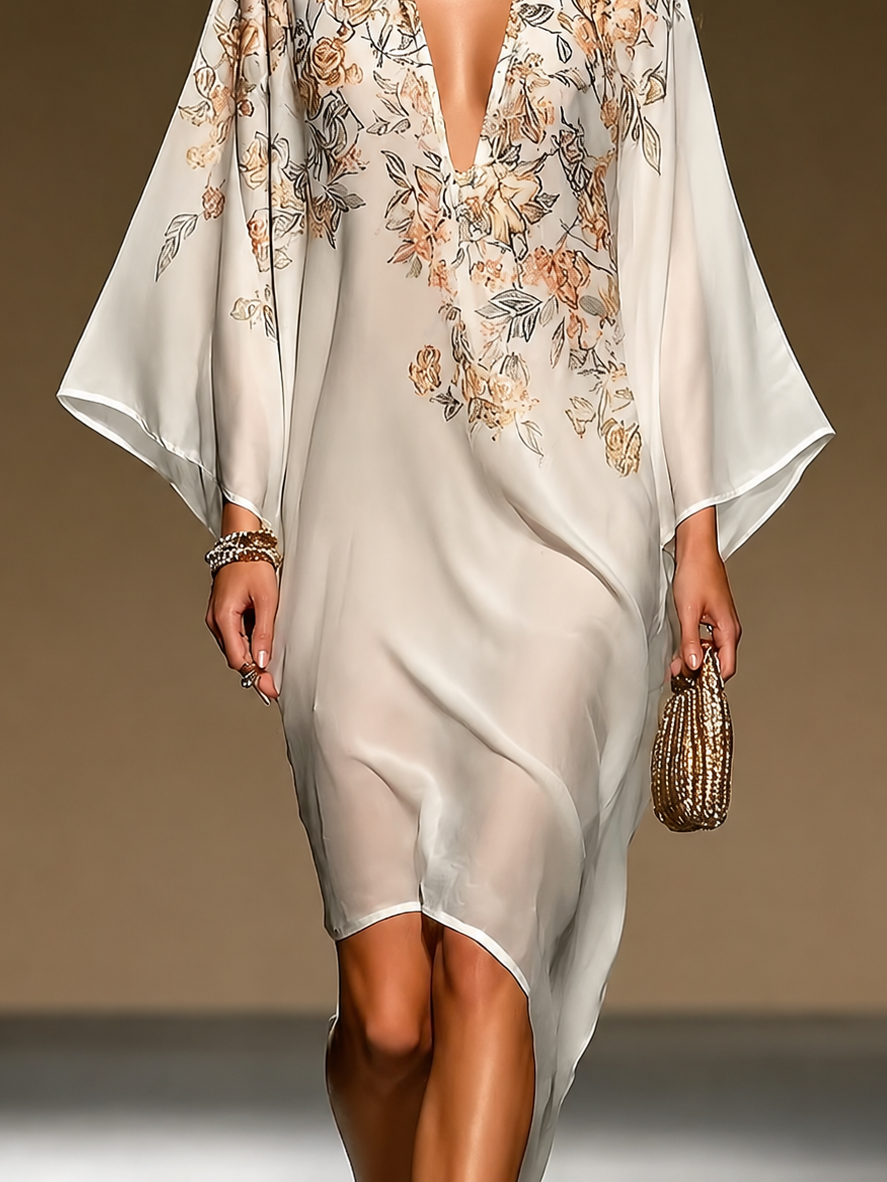 Beige Floral Kaftan Dress Asymmetrical