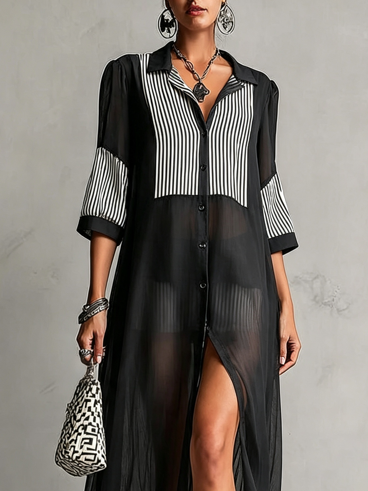 Elegant Striped Sheer Long Shirt Dress
