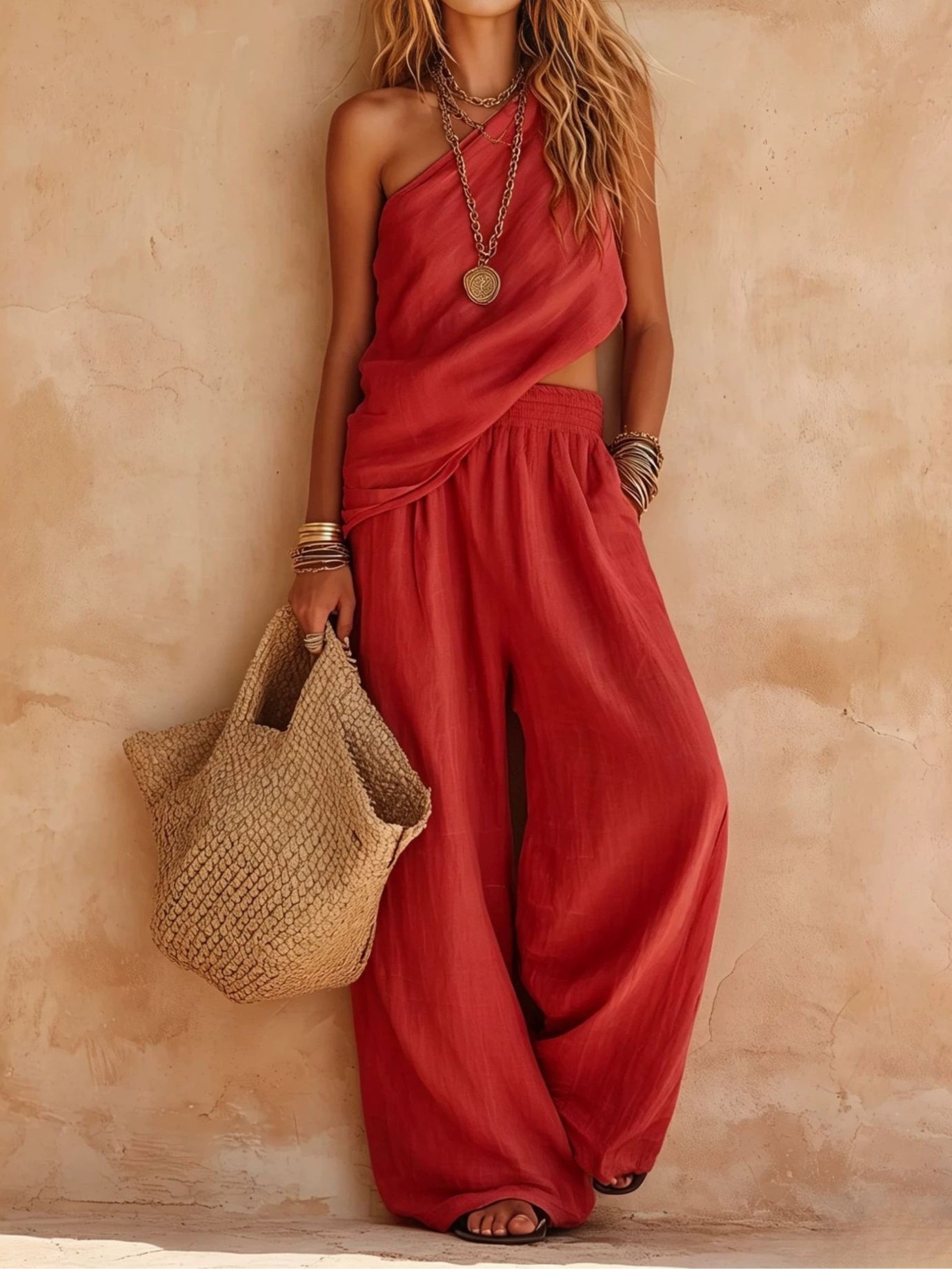 One-shoulder Sleeveless Top And Pants Set