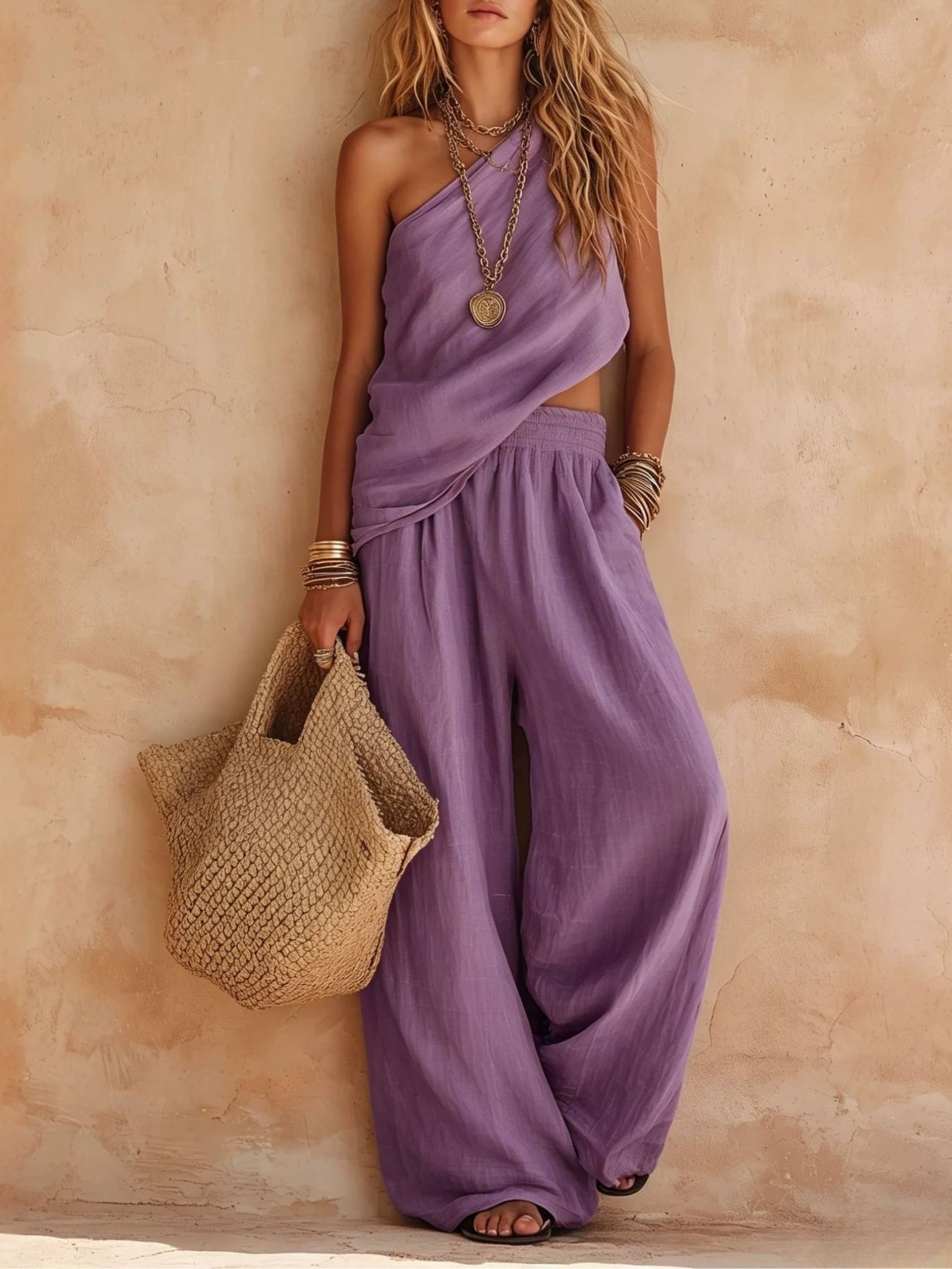 One-shoulder Sleeveless Top And Pants Set