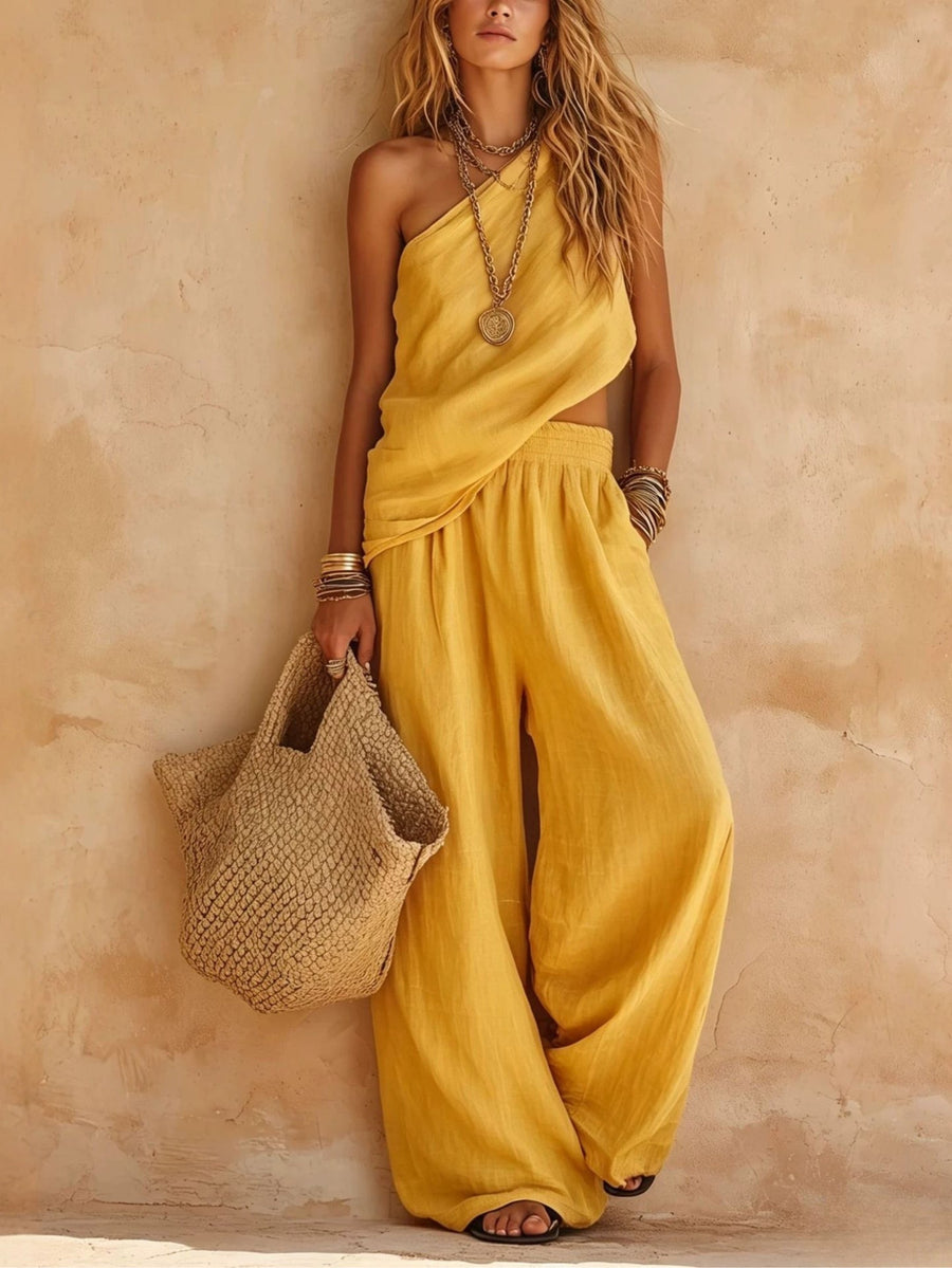 One-shoulder Sleeveless Top And Pants Set