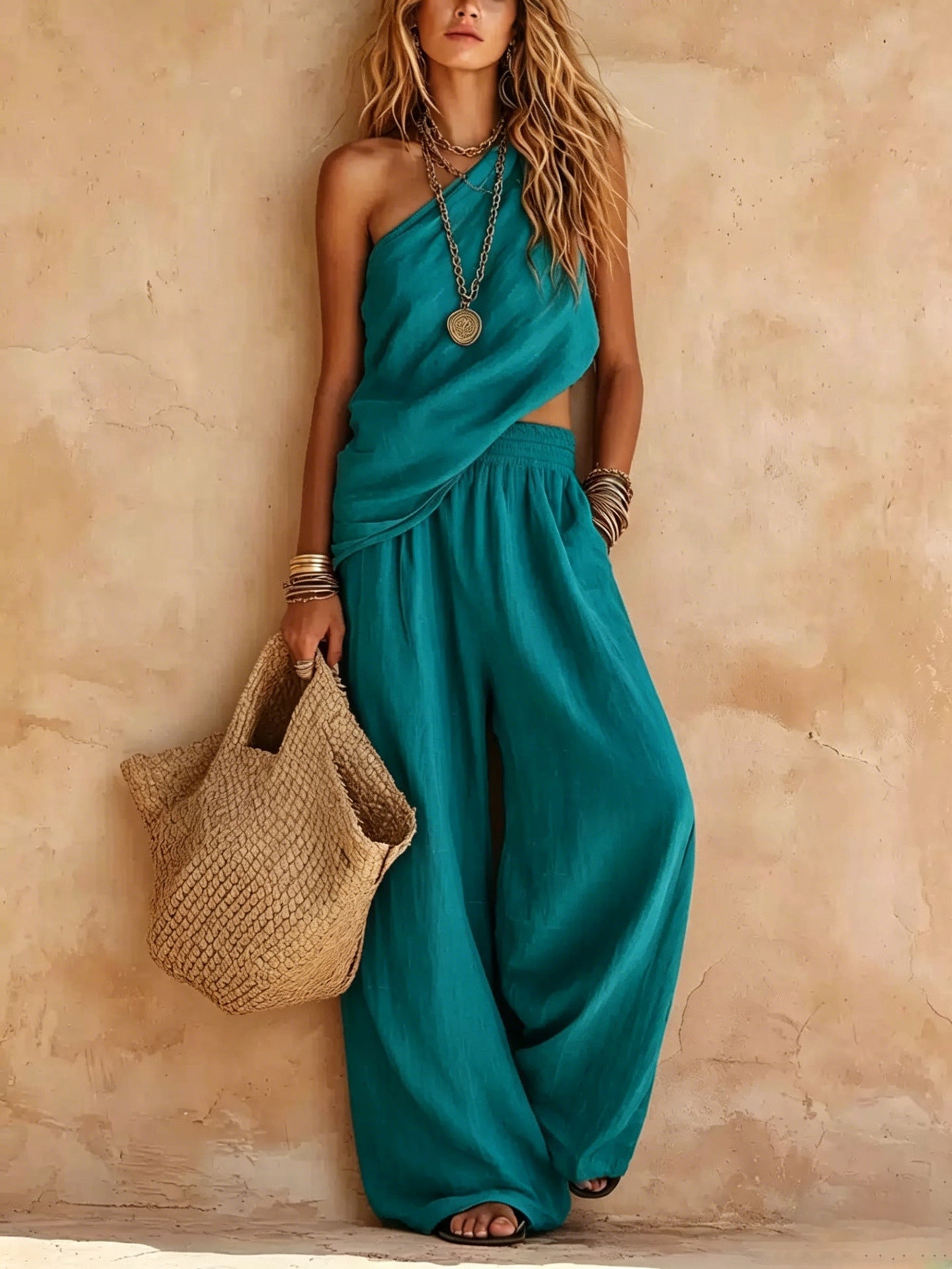 One-shoulder Sleeveless Top And Pants Set